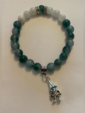 Handcrafted Amazonian Jade & White Jade with Troll Charm stretch bracelet